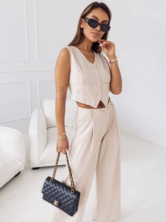 Elegancki zestaw krótka kamizelka i szerokie spodnie beżowy (VE90)