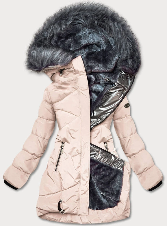 PIKOWANA KURTKA ZIMOWA DAMSKA ECRU-GRAFIT (M-21015)