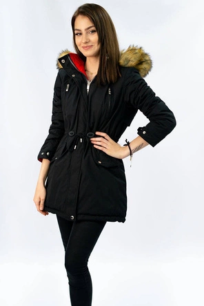 DWUSTRONNA DAMSKA KURTKA ZIMOWA Z KAPTUREM CZARNO-CZERWONA (W213)