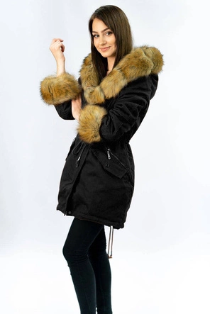 BAWEŁNIANA DAMSKA PARKA ZIMOWA Z FUTREM CZARNA (XW801X)