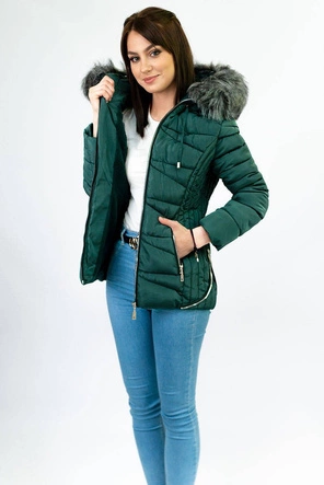 PIKOWANA ZIMOWA KURTKA DAMSKA Z KAPTUREM BUTELKOWA ZIELEŃ (B2631)