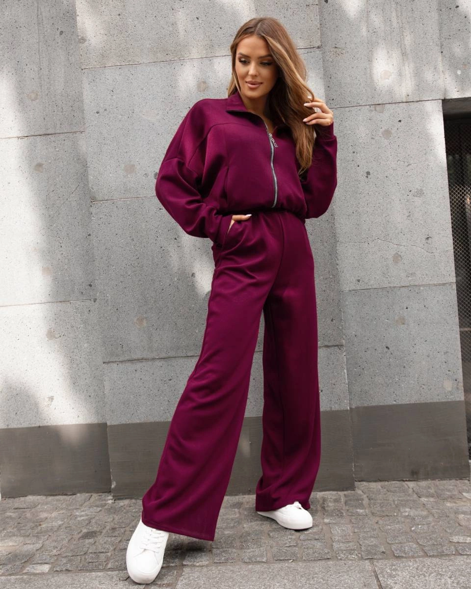 Komplet damski szerokie spodnie i bluza ze stójką bordowy (821109)