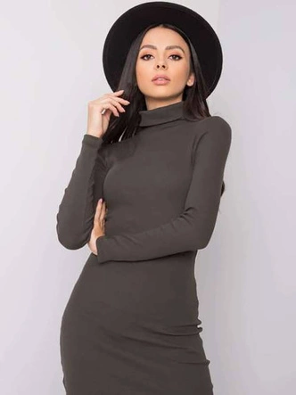  Dopasowana sukienka w prążki z golfem Rue Paris ciemny khaki (5133)