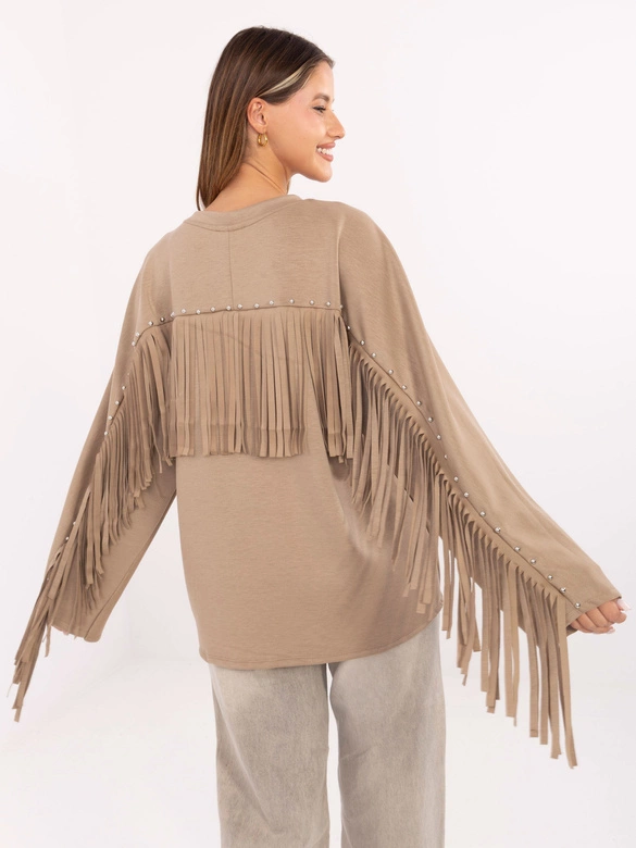 Luźna bluza damska z frędzlami ciemny beżowy (21695)