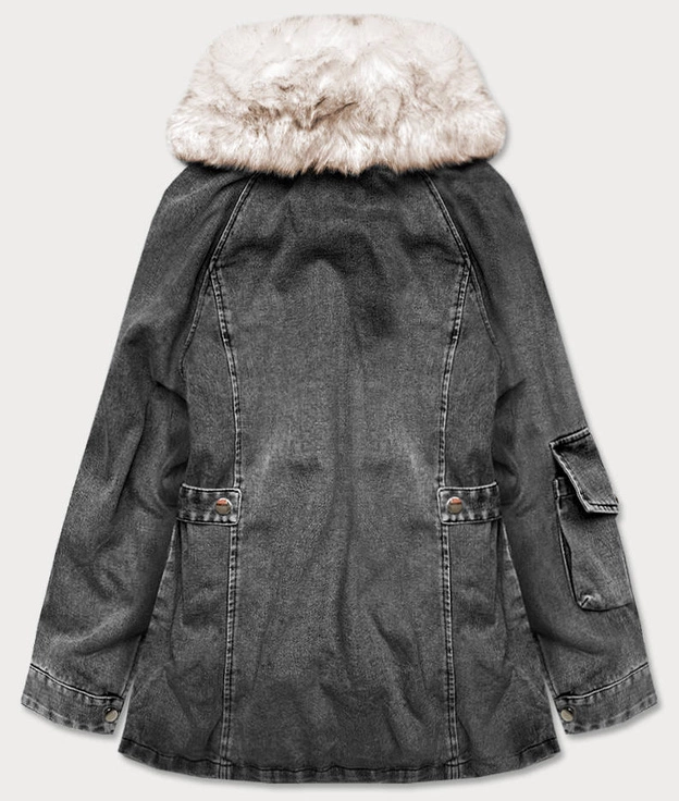 Damska kurtka jeansowa z futrzanym kołnierzem czarna/beż (br9585-1046)