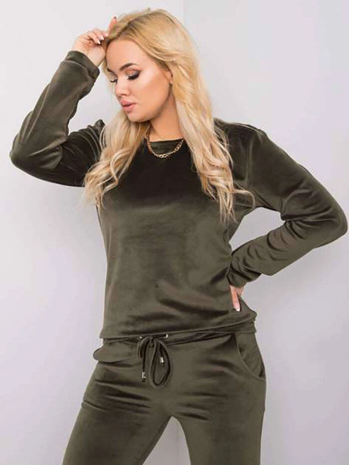 Welurowy dres damski plus size khaki (6085)