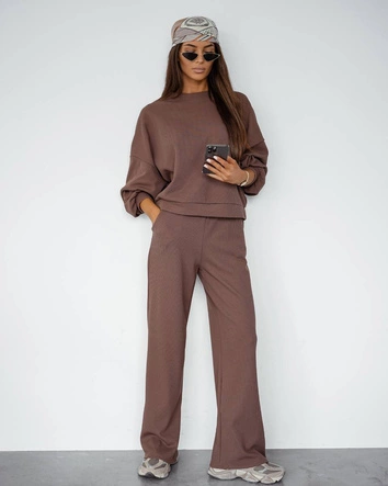 Waflowy komplet damski bluza + spodnie cappuccino (821108)