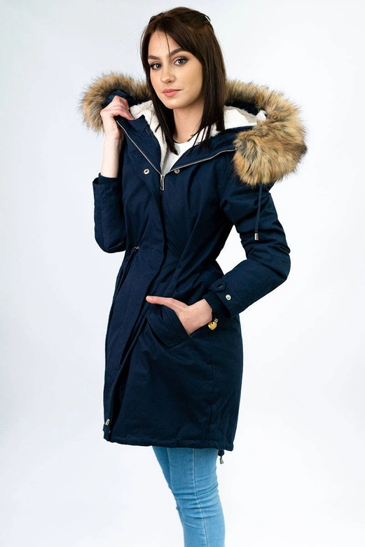Zimowa damska parka z podpinką i kapturem granatowa (7626)