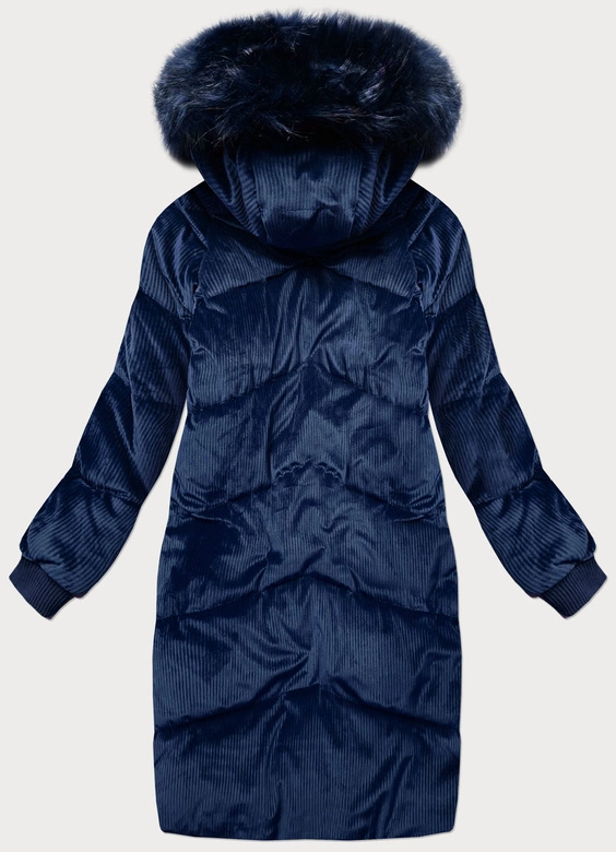 Sztruksowa zimowa kurtka damska z kapturem granatowa (7764)