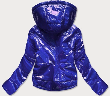 Błyszcząca pikowana kurtka damska z kapturem niebieska (b9560)