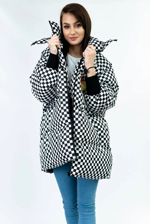 DAMSKA ZIMOWA KURTKA W KRATKĘ CZARNO-BIAŁA (701ART)