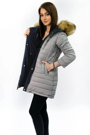 Dwustronna damska kurtka zimowa z kapturem granatowo-szara (w213)