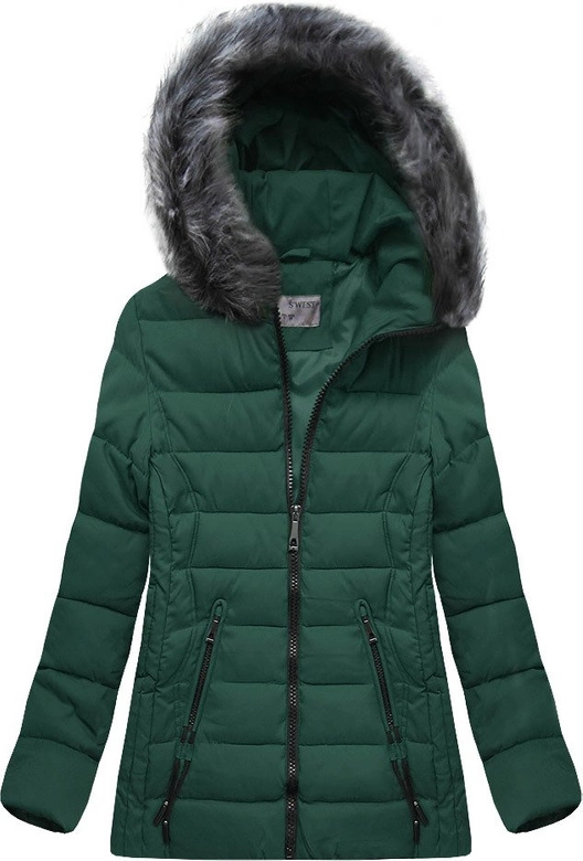 PIKOWANA DAMSKA KURTKA ZIMOWA Z KAPTUREM BUTELKOWA ZIELEŃ (XB9503X)