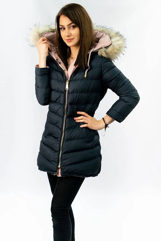 DWUSTRONNA DAMSKA KURTKA ZIMOWA Z KAPTUREM RÓŻOWO-GRANATOWA (W632)