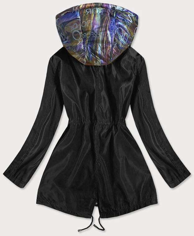 KURTKA DAMSKA Z OZDOBNYM KAPTUREM CZARNA/MULTIKOLOR (YR2022)