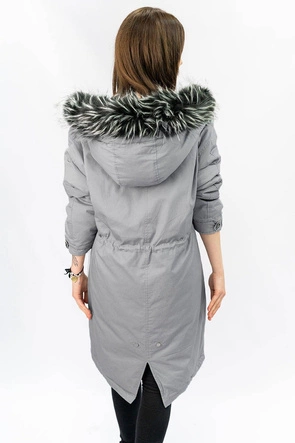Bawełniana parka damska zimowa z puchem naturalnym szara (7085)