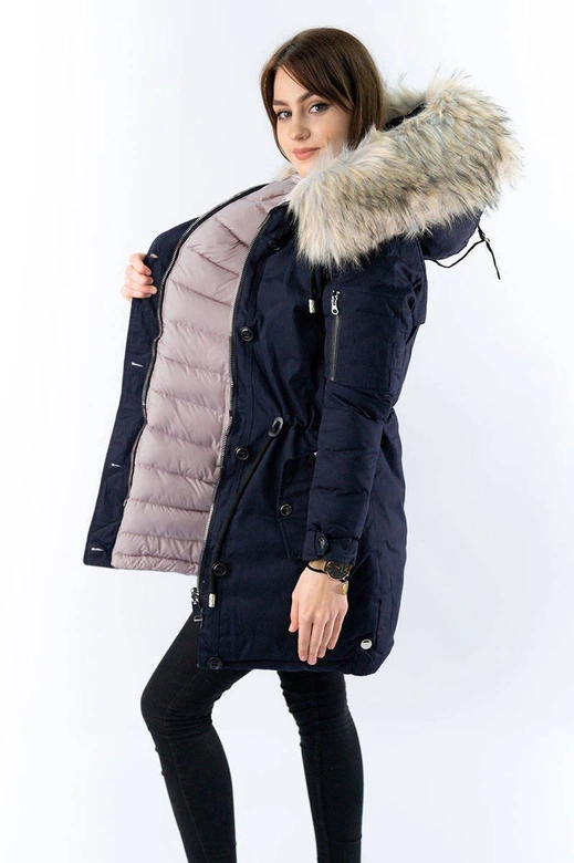 Dwustronna damska kurtka zimowa z kapturem granatowo-różowa (w631)