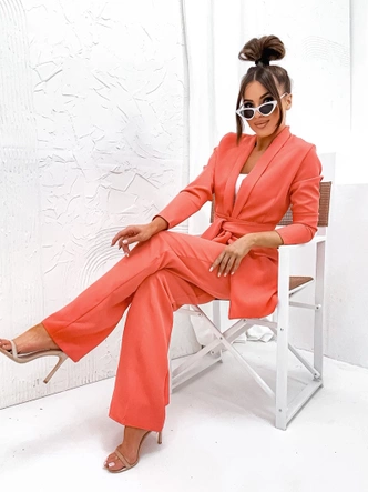 Komplet luźna marynarka + szerokie spodnie koralowy (8167)