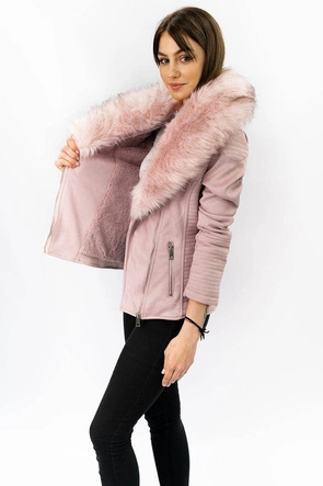 Zamszowa ramoneska damska z futerkiem pudrowy róż (6501)