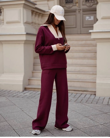 Bluza ze stójką i szerokie spodnie z kieszeniami bordo (VE107)
