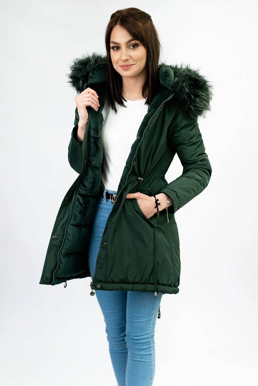 DWUSTRONNA DAMSKA PARKA ZIMOWA WELUROWA CIEMNOZIELONA (7911)