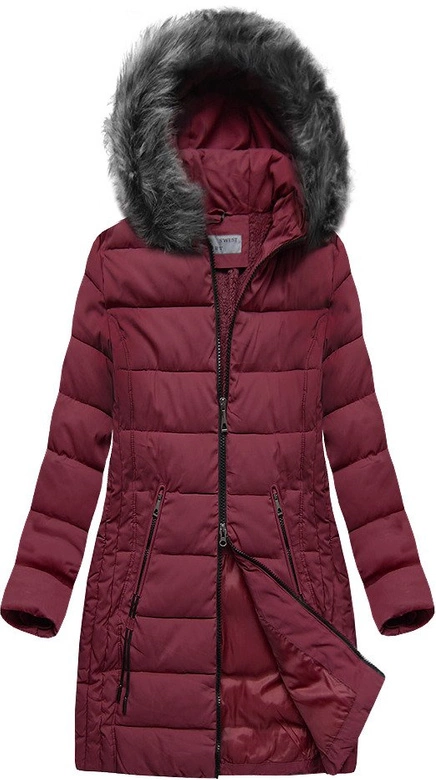 DŁUŻSZA PIKOWANA DAMSKA KURTKA ZIMOWA Z KAPTUREM BORDOWA (B9502)