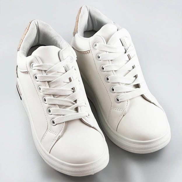 Sportowe buty na ukrytym koturnie biało-beżowe (666-16)