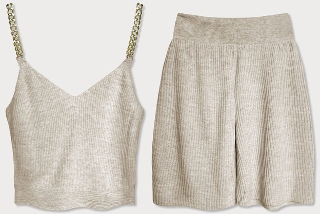 DZIANINOWY KOMPLET TOP + SZORTY BEŻOWY (798)