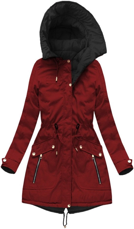DWUSTRONNA DAMSKA KURTKA ZIMOWA Z KAPTUREM BORDOWO-CZARNA (W632)