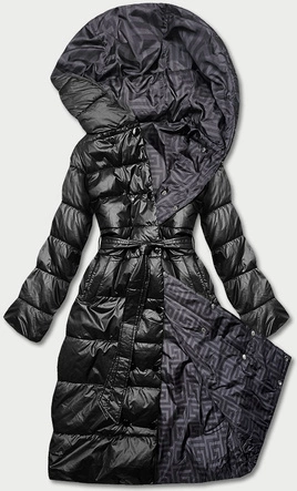 Dwustronna długa kurtka z kapturem czarna/oberżyna (P22-6638-1+1)