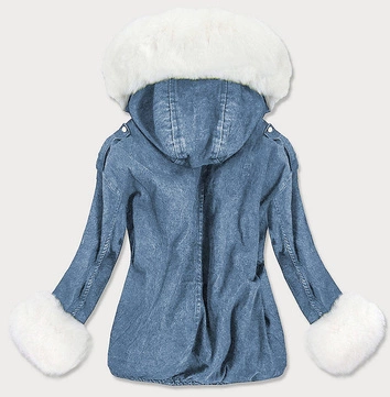 DAMSKA  KURTKA JEANSOWA Z FUTRZANĄ PODPINKĄ NIEBIESKO - BIAŁA (9023#)