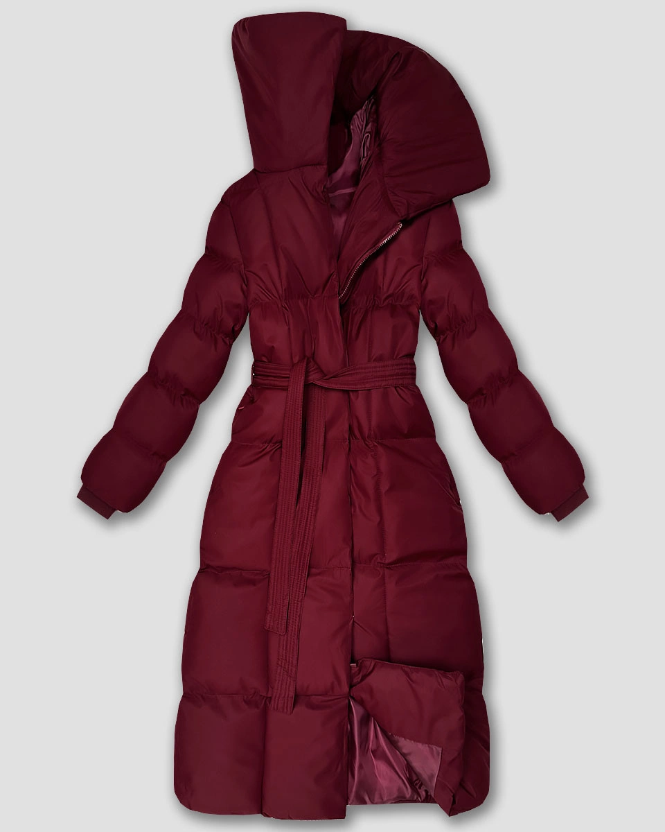 Długa zimowa kurtka damska z paskiem bordowa (5M3327-1)