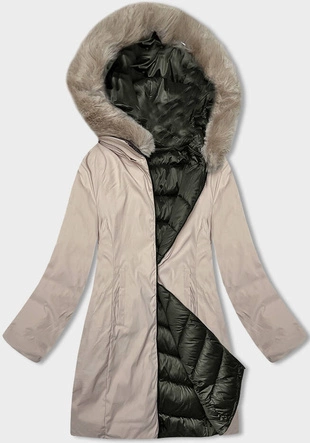 Zimowa dwustronna kurtka damska z kapturem khaki-beż (B8202-11046)