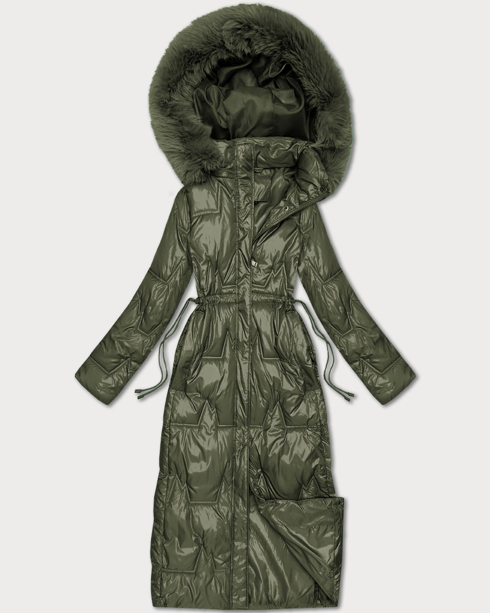 Długa pikowana damska kurtka zimowa khaki (T2-2221#-22)