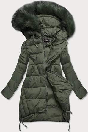 Pikowana kurtka zimowa damska z kapturem khaki (7709BIG)