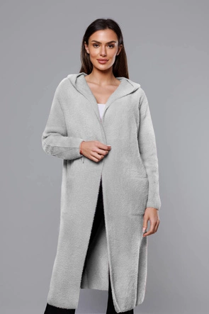 Długa wełniana narzutka alpaka z kapturem jasnoszara (M105-1)