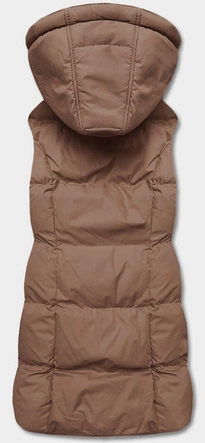 Puchowy bezrękawnik damski z kapturem ciemny beżowy (5M721-84)