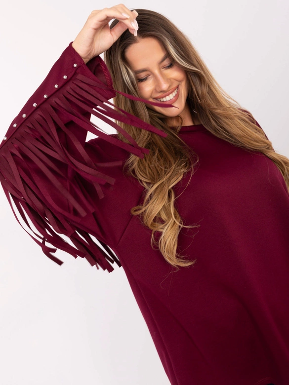 Luźna bluza damska z frędzlami bordowa (21695)