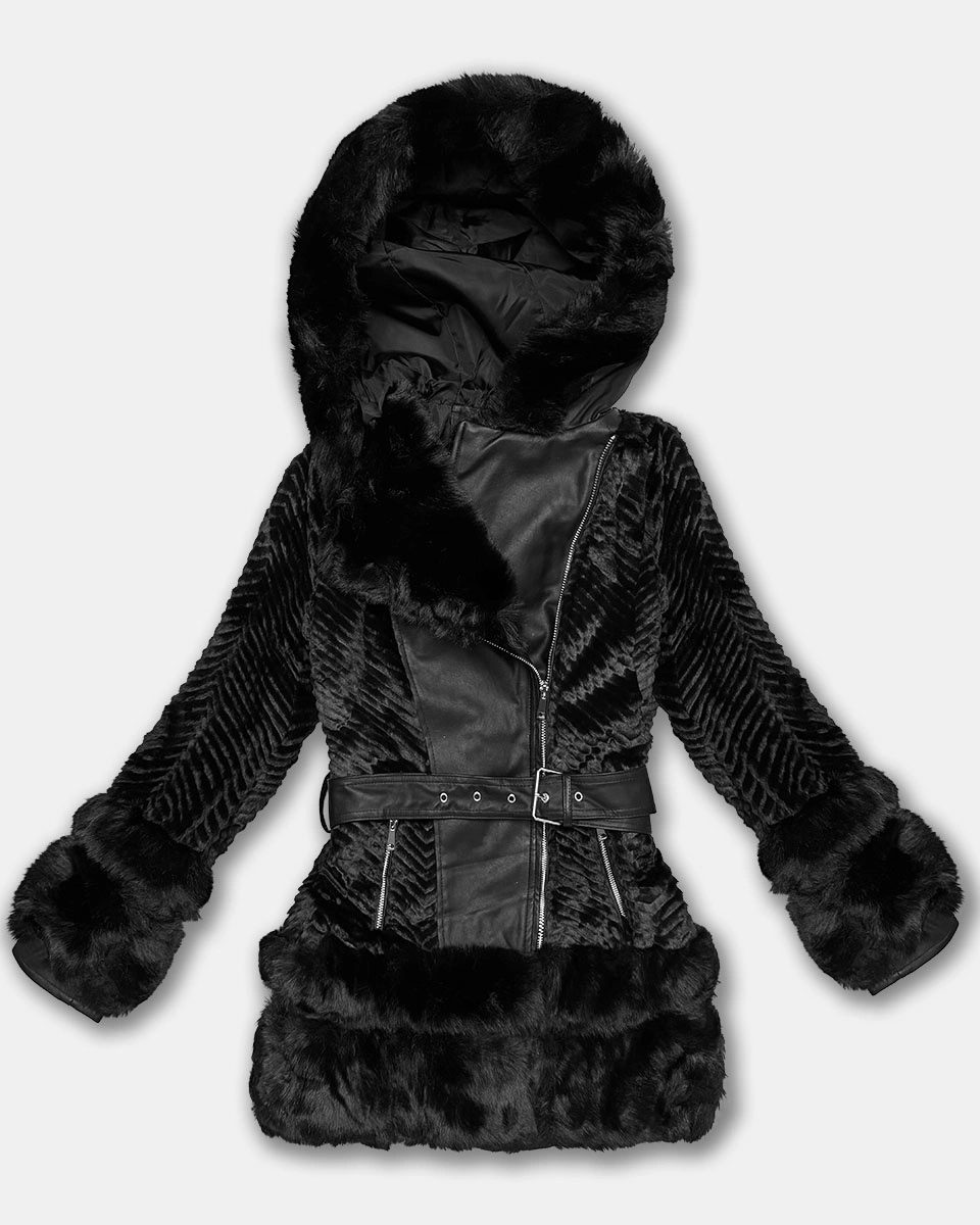 Futrzana kurtka damska z elementami z ekoskóry J Style czarna (11Z8072)