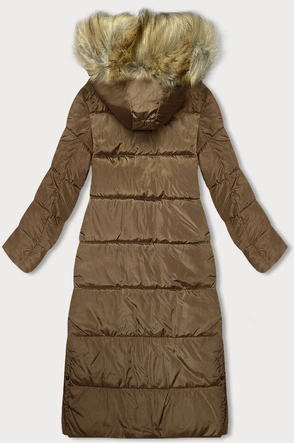 Długa kurtka zimowa damska camel (V725)