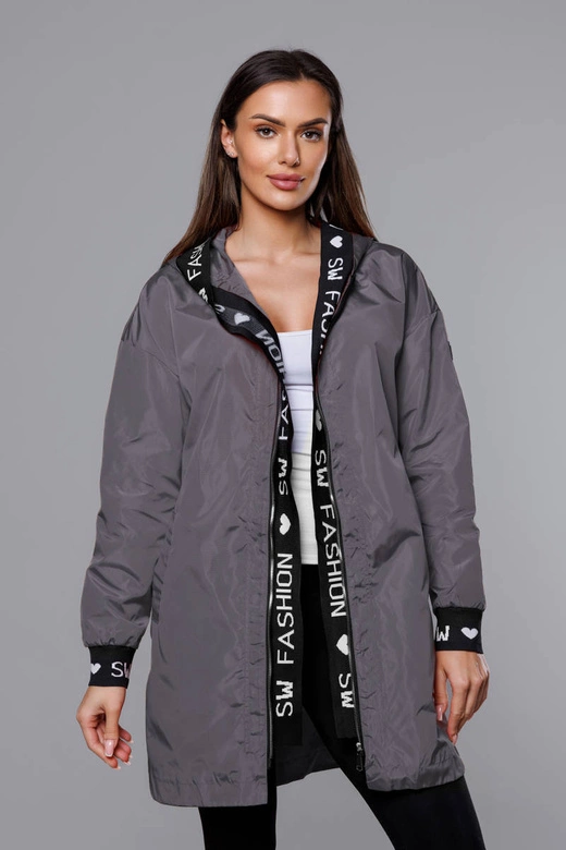Cienka kurtka damska z ozdobną lamówką ciemny szary (B8145-9)