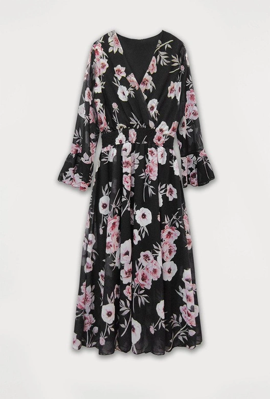 SZYFONOWA SUKIENKA KOPERTOWA W KWIATY CZARNA (483ART)