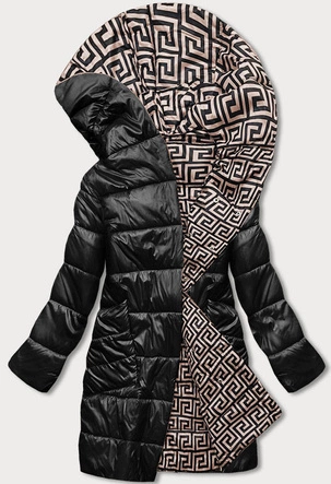 Kopertowa kurtka damska z kapturem czarno-beżowa (R8040)