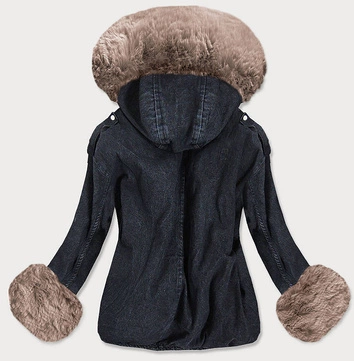 DAMSKA  KURTKA JEANSOWA Z FUTRZANĄ PODPINKĄ CZARNO - BEŻOWA (9023#)