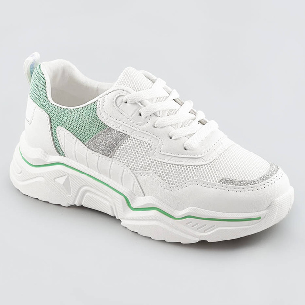 Sneakersy damskie z brokatowymi wstawkami biało-miętowe (lu-2)