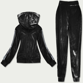 Welurowy dres damski z lampasami czarny (81223)