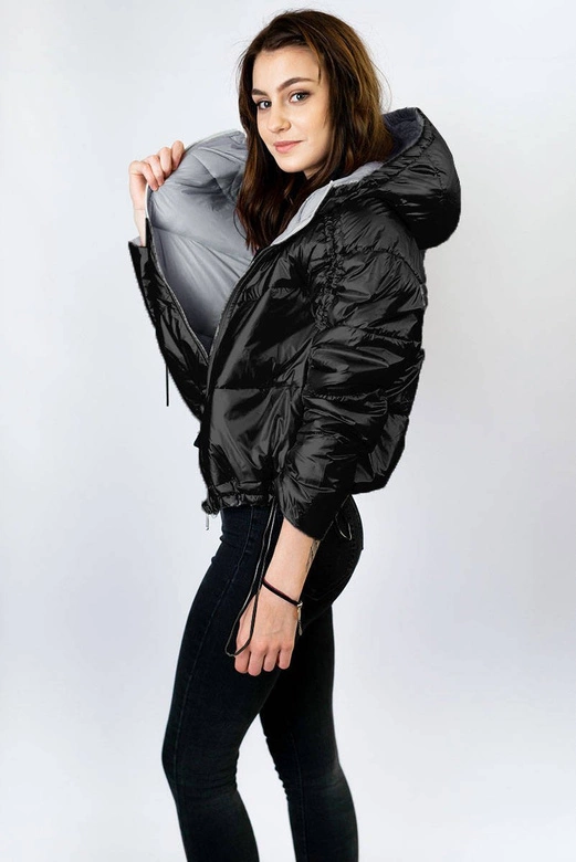 DWUSTRONNA BŁYSZCZĄCA KURTKA DAMSKA CZARNO-SZARA (B9553)