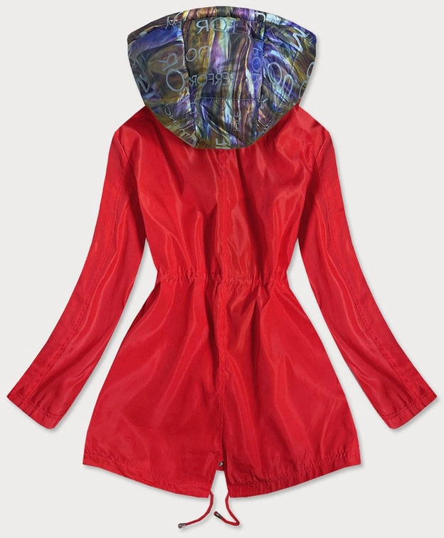 KURTKA DAMSKA Z OZDOBNYM KAPTUREM CZERWONA/MULTIKOLOR (YR2022)