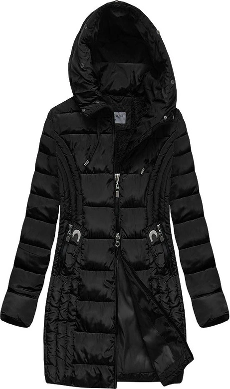 DŁUŻSZA DAMSKA KURTKA Z KAPTUREM CZARNA (B2620-30)