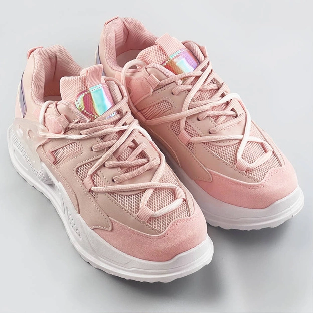 Sneakersy damskie z podwójnymi sznurówkami różowe (7001)